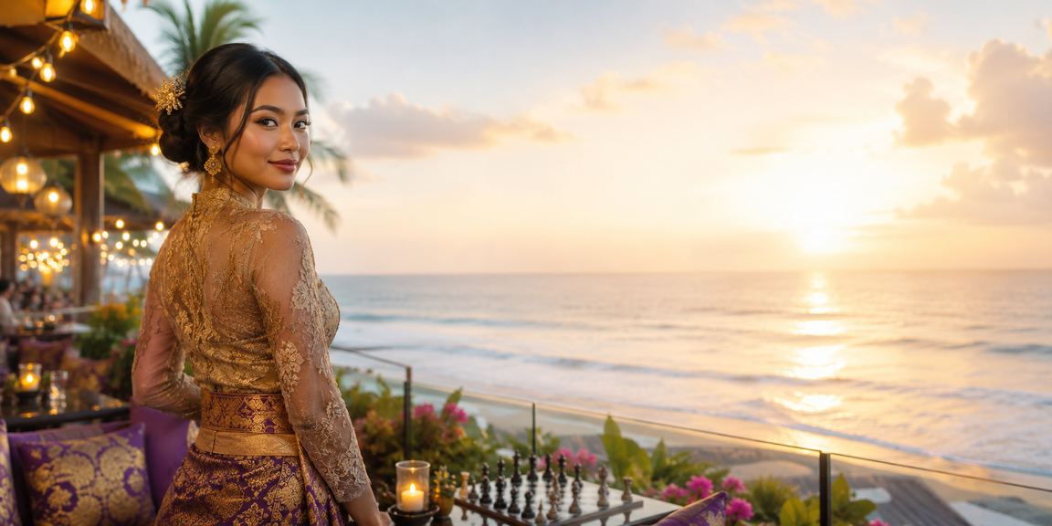 Sesi permainan kartu eksklusif di tepi pantai dengan meja profesional dan suasana premium